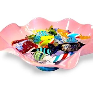 Shirley Elford Signed Pink Hand-Blown Candy Bowl + 23 Murano Glass Candies